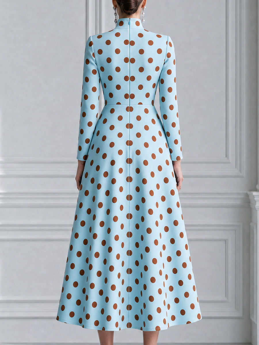 Sky Blue Brown Polka Dot High-Neck A-Line Midi Dress