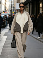Color Block Oversized Zip-Up Track Jacket, Contrast Panel Stand Collar Loose Windbreaker Casual Outerwear