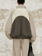 Color Block Oversized Zip-Up Track Jacket, Contrast Panel Stand Collar Loose Windbreaker Casual Outerwear