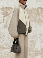 Color Block Oversized Zip-Up Track Jacket, Contrast Panel Stand Collar Loose Windbreaker Casual Outerwear