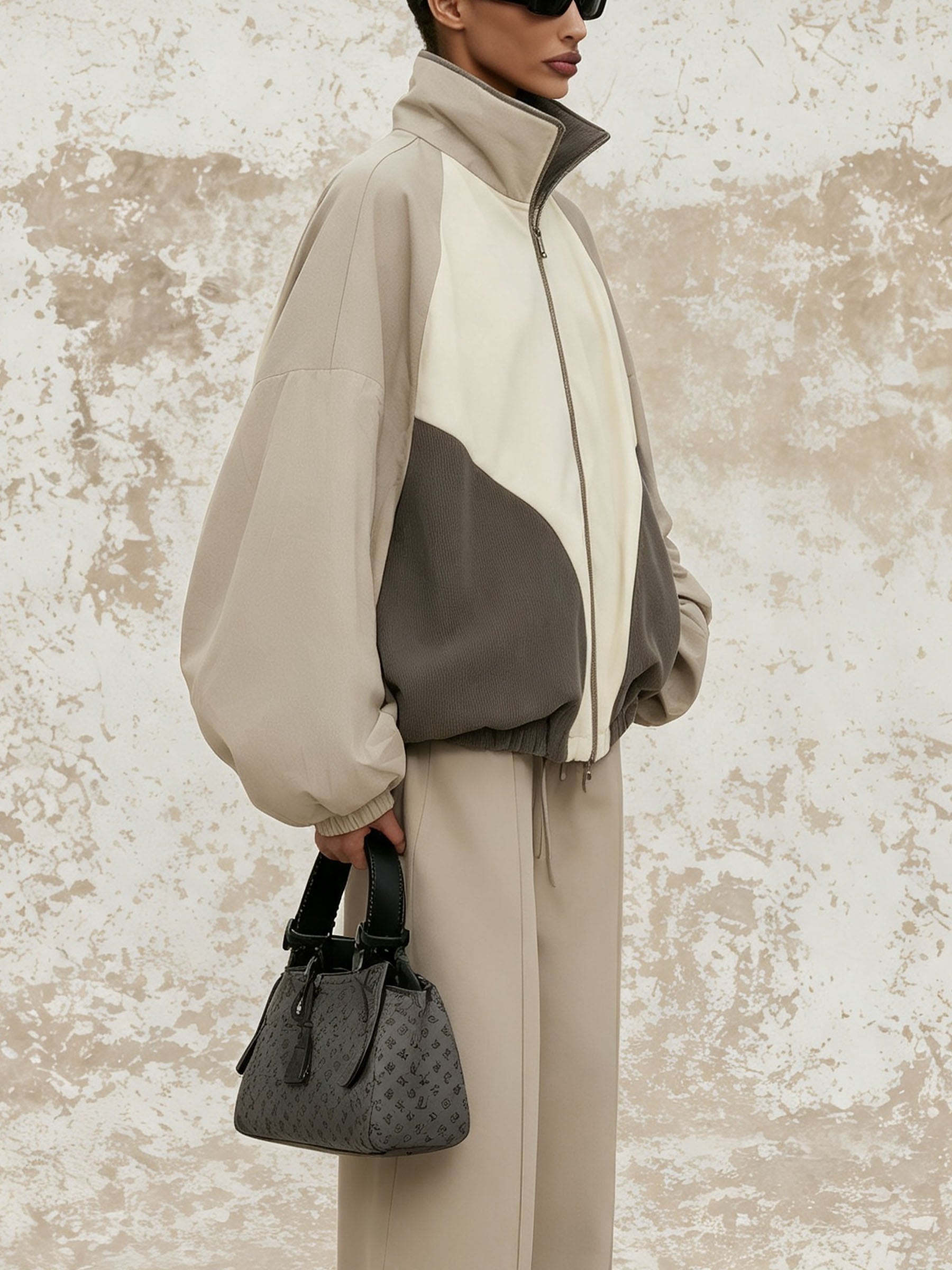 Color Block Oversized Zip-Up Track Jacket, Contrast Panel Stand Collar Loose Windbreaker Casual Outerwear