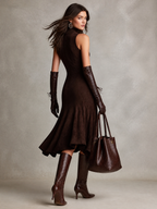 Sleeveless Mock Neck Suede Asymmetric Hem Midi Dress