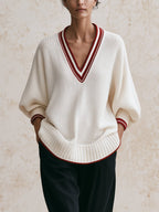 Women’s Contrast Trim V-Neck Knit Sweater – Oversized Casual Pullover Top With Ribbed Cuffs