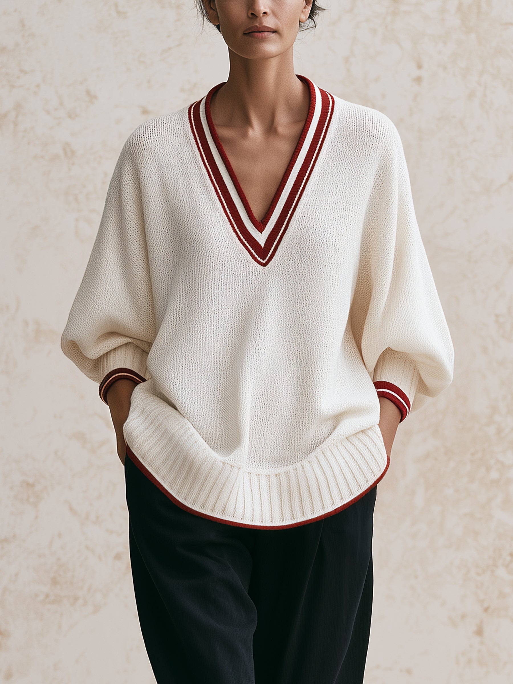 Women’s Contrast Trim V-Neck Knit Sweater – Oversized Casual Pullover Top With Ribbed Cuffs