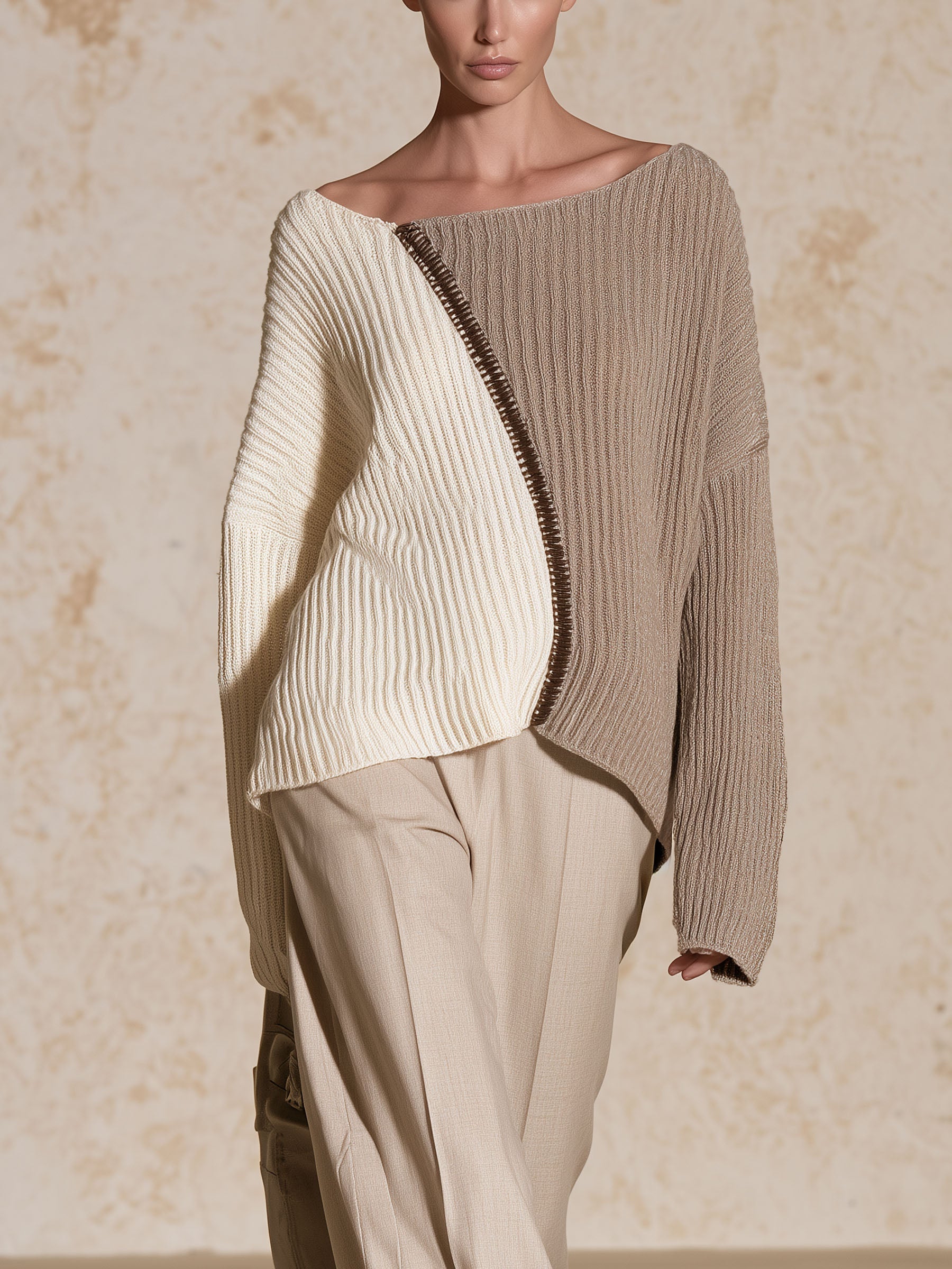 Two-Tone Ribbed Knit Asymmetric Sweater