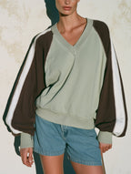 Ribbed Trim Color Block Sweatshirt – Oversized V-Neck Pullover