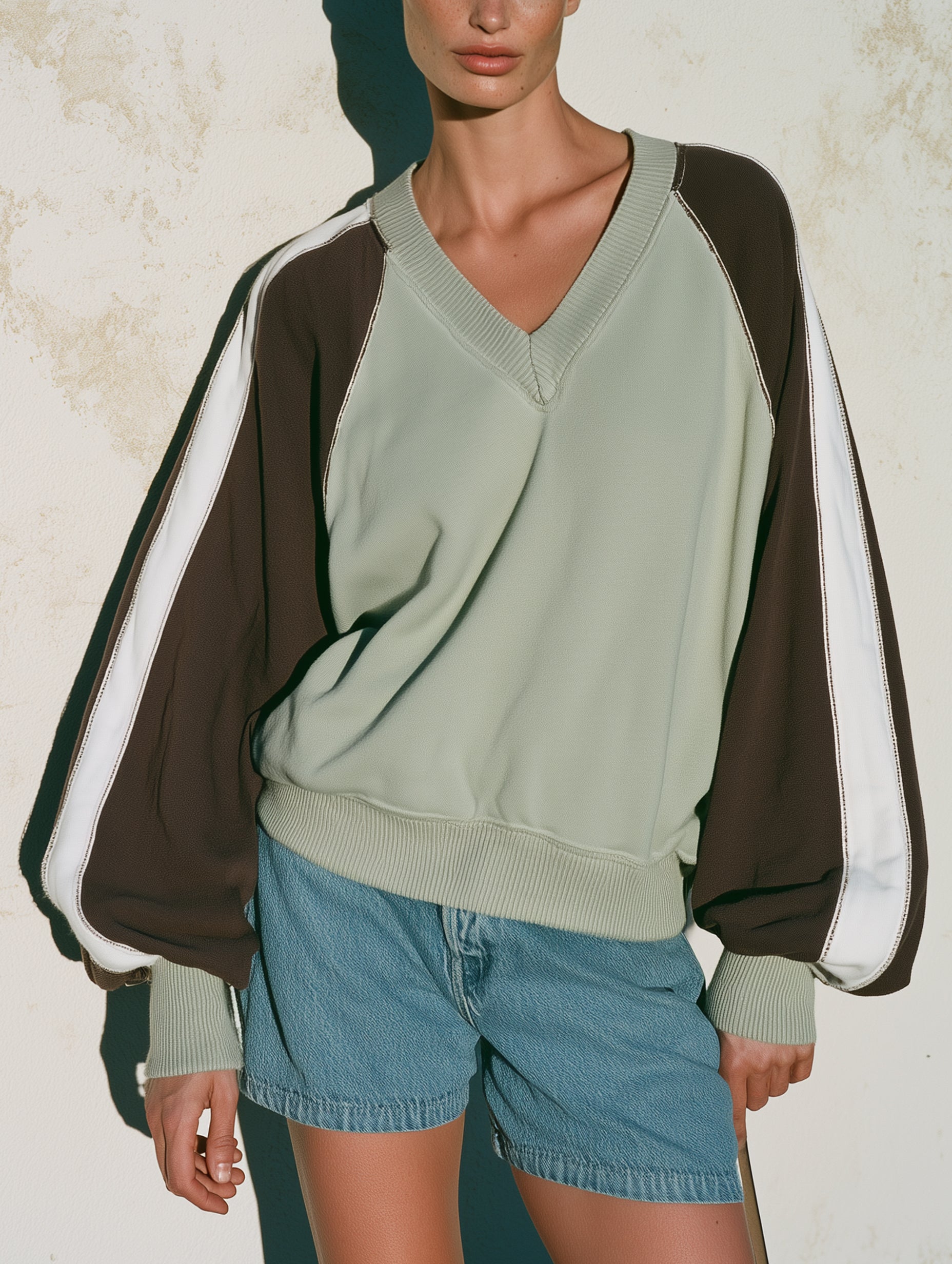 Ribbed Trim Color Block Sweatshirt – Oversized V-Neck Pullover