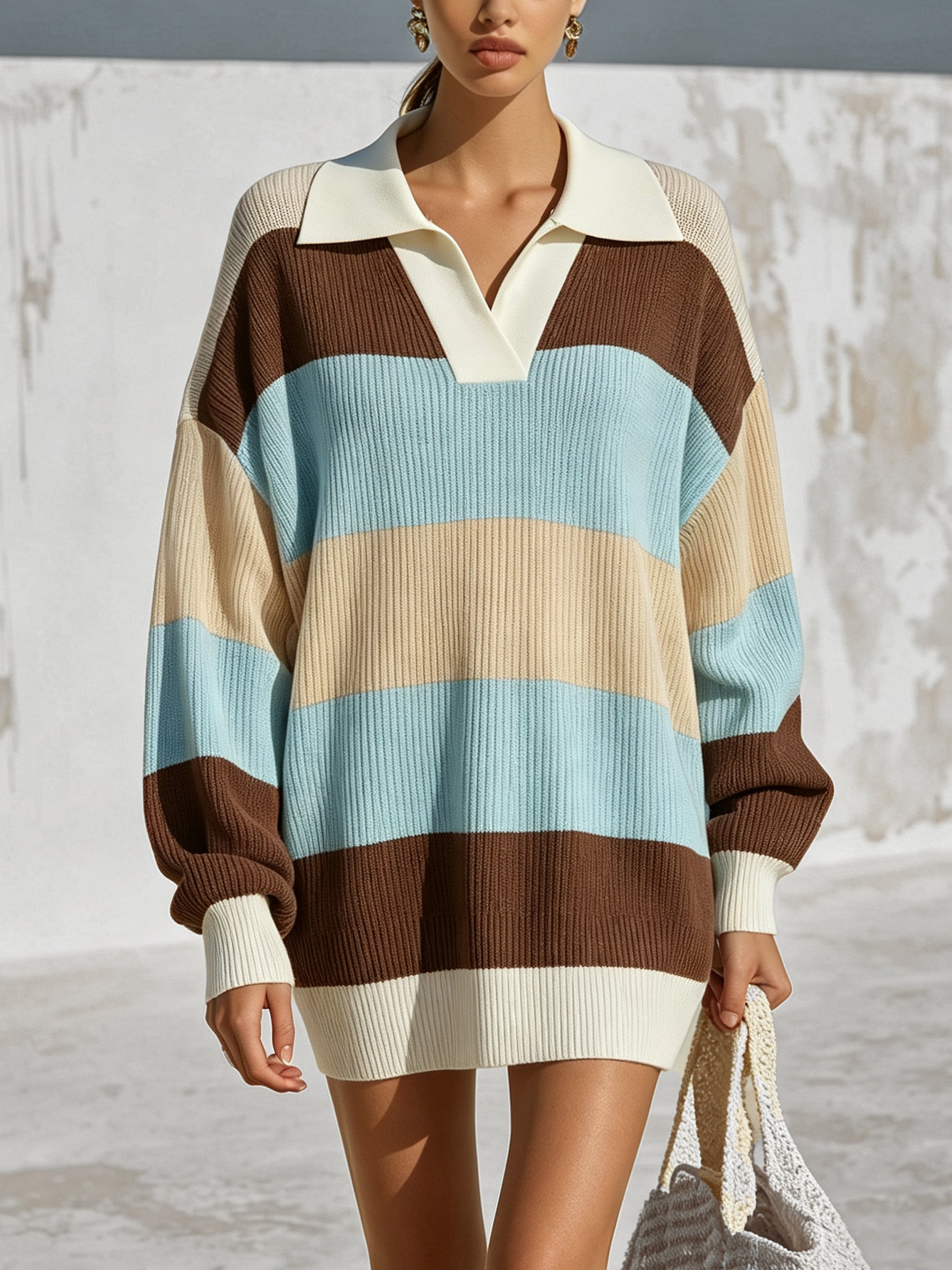 Women’s Oversized Striped Polo Sweater Dress – Casual Long Sleeve Knit Pullover With Collared Neck
