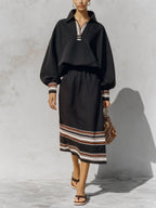 Women’s Black Luxury Midi Dress – Oversized Long Sleeve Collared Dress With Striped Trim Elegant Casual Style