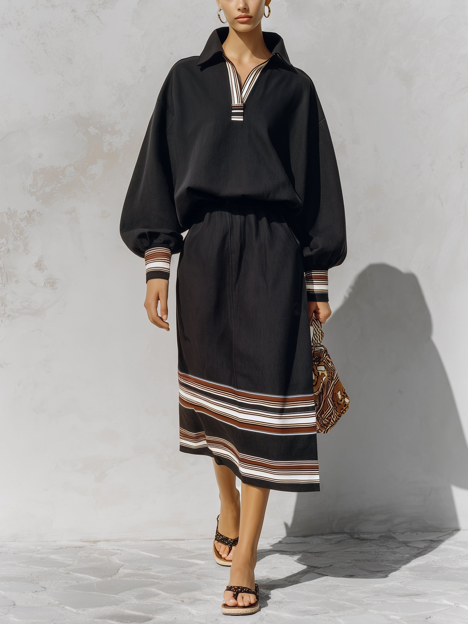 Women’s Black Luxury Midi Dress – Oversized Long Sleeve Collared Dress With Striped Trim Elegant Casual Style