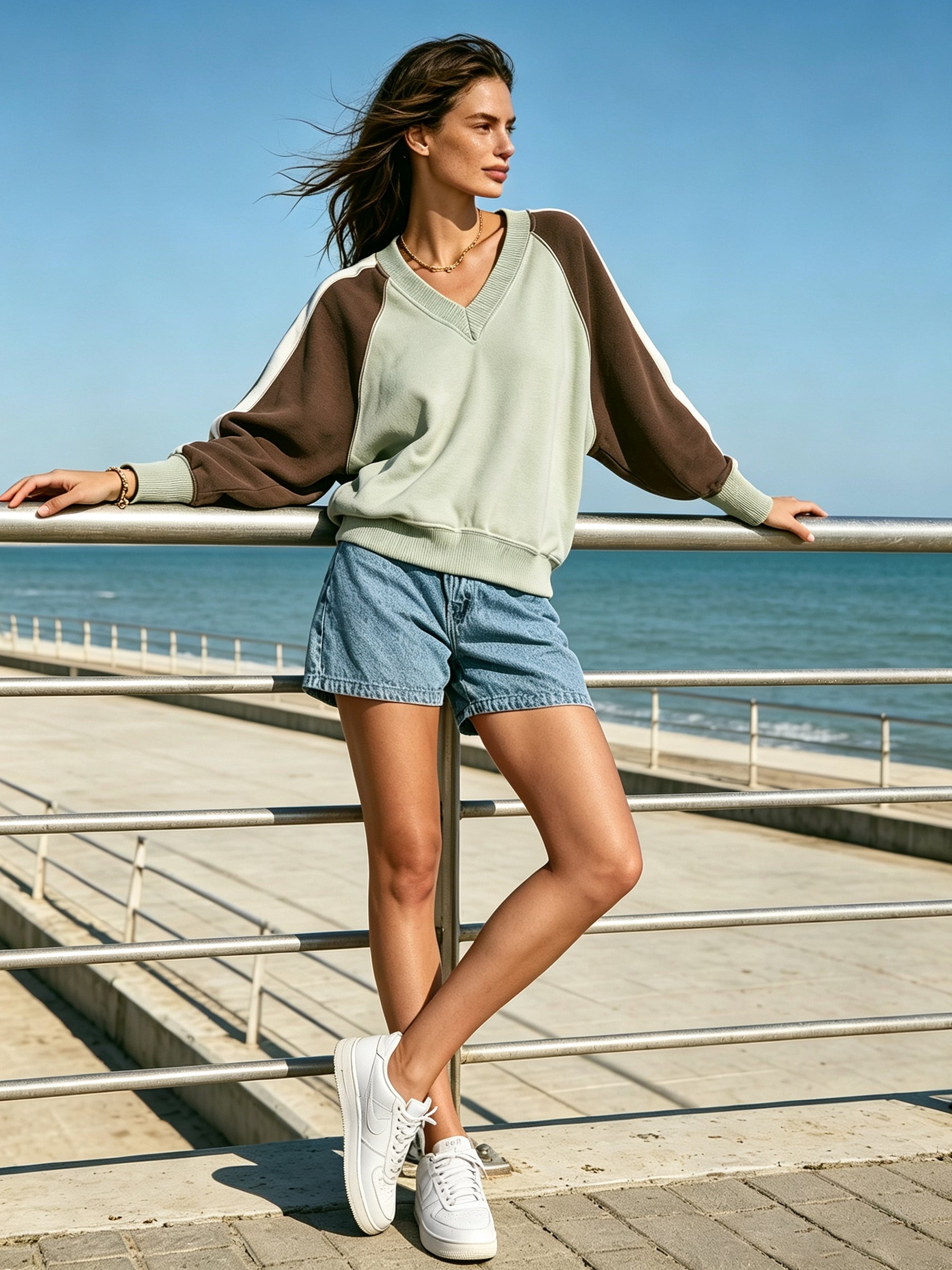 Ribbed Trim Color Block Sweatshirt – Oversized V-Neck Pullover