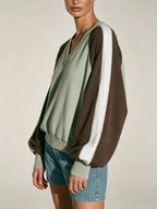 Ribbed Trim Color Block Sweatshirt – Oversized V-Neck Pullover