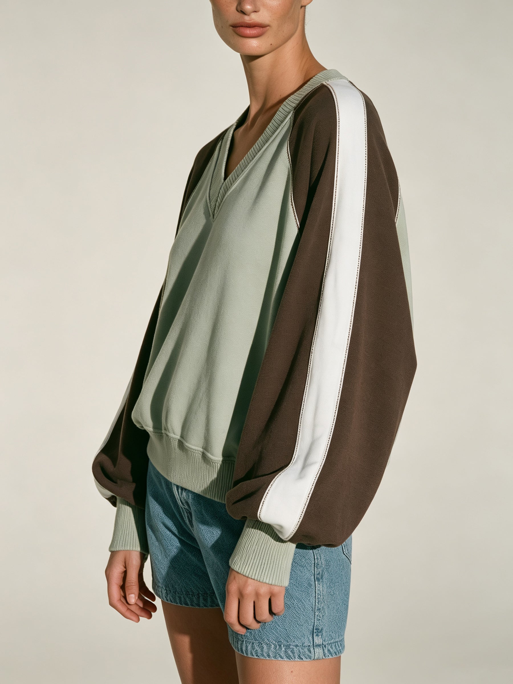 Ribbed Trim Color Block Sweatshirt – Oversized V-Neck Pullover