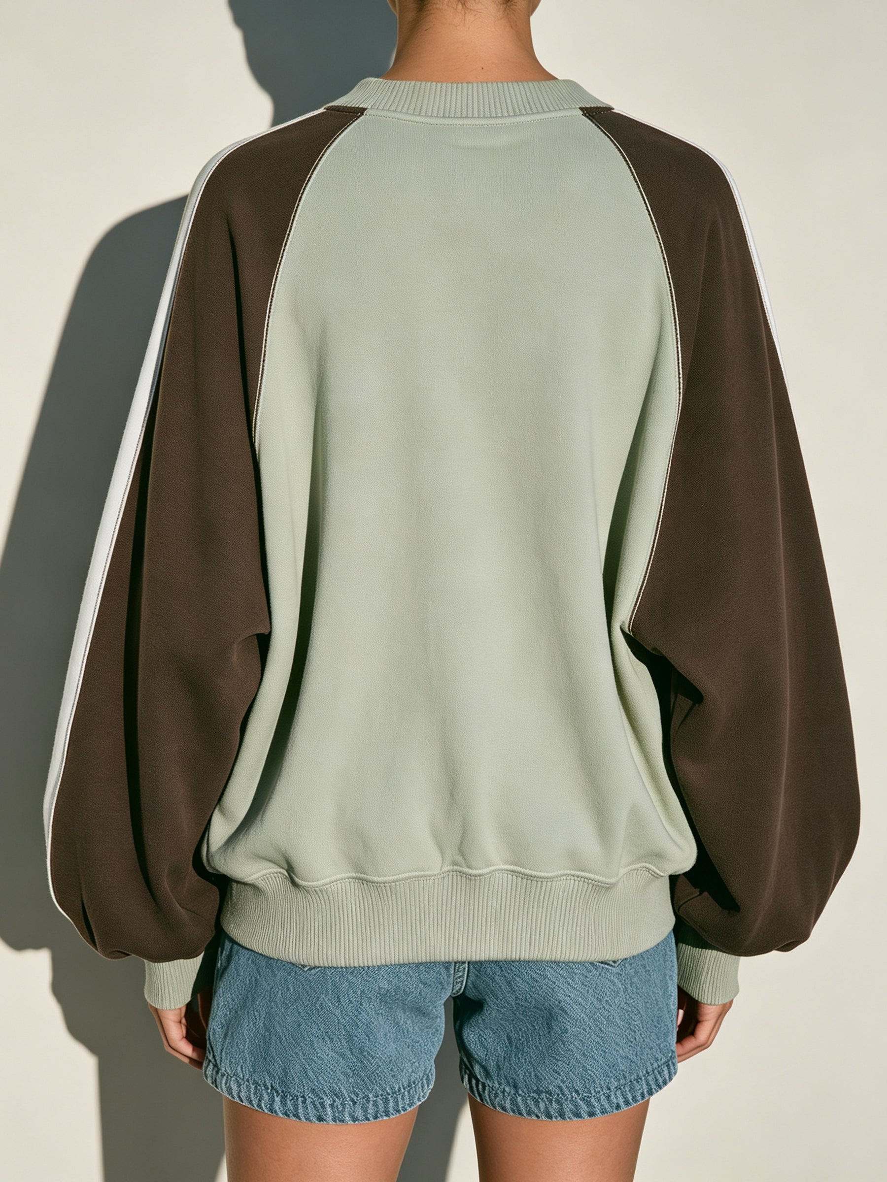 Ribbed Trim Color Block Sweatshirt – Oversized V-Neck Pullover
