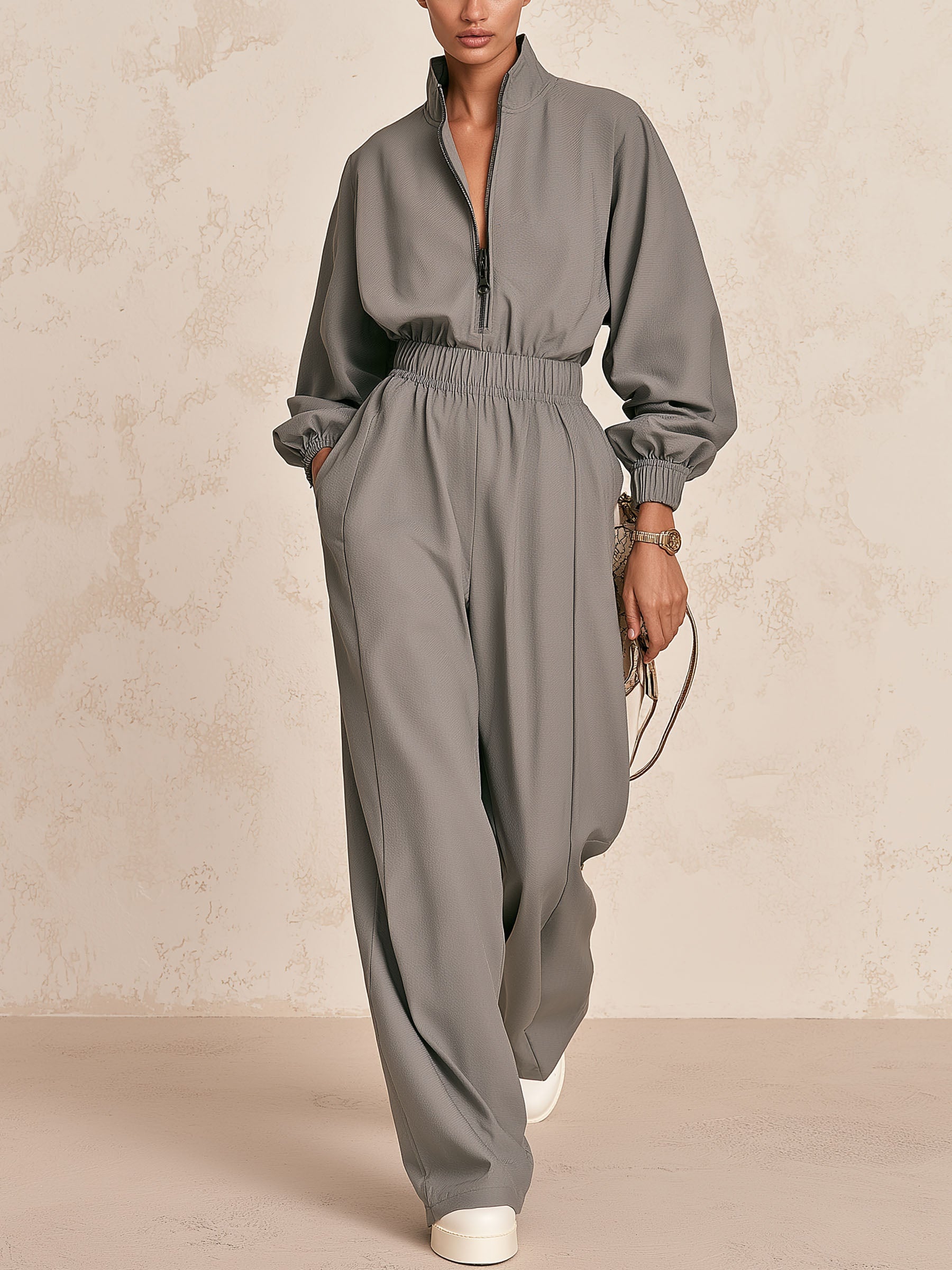 Gray Half Zip Elastic Waist Jumpsuit, Oversized Casual Stand Collar Jogger Overall
