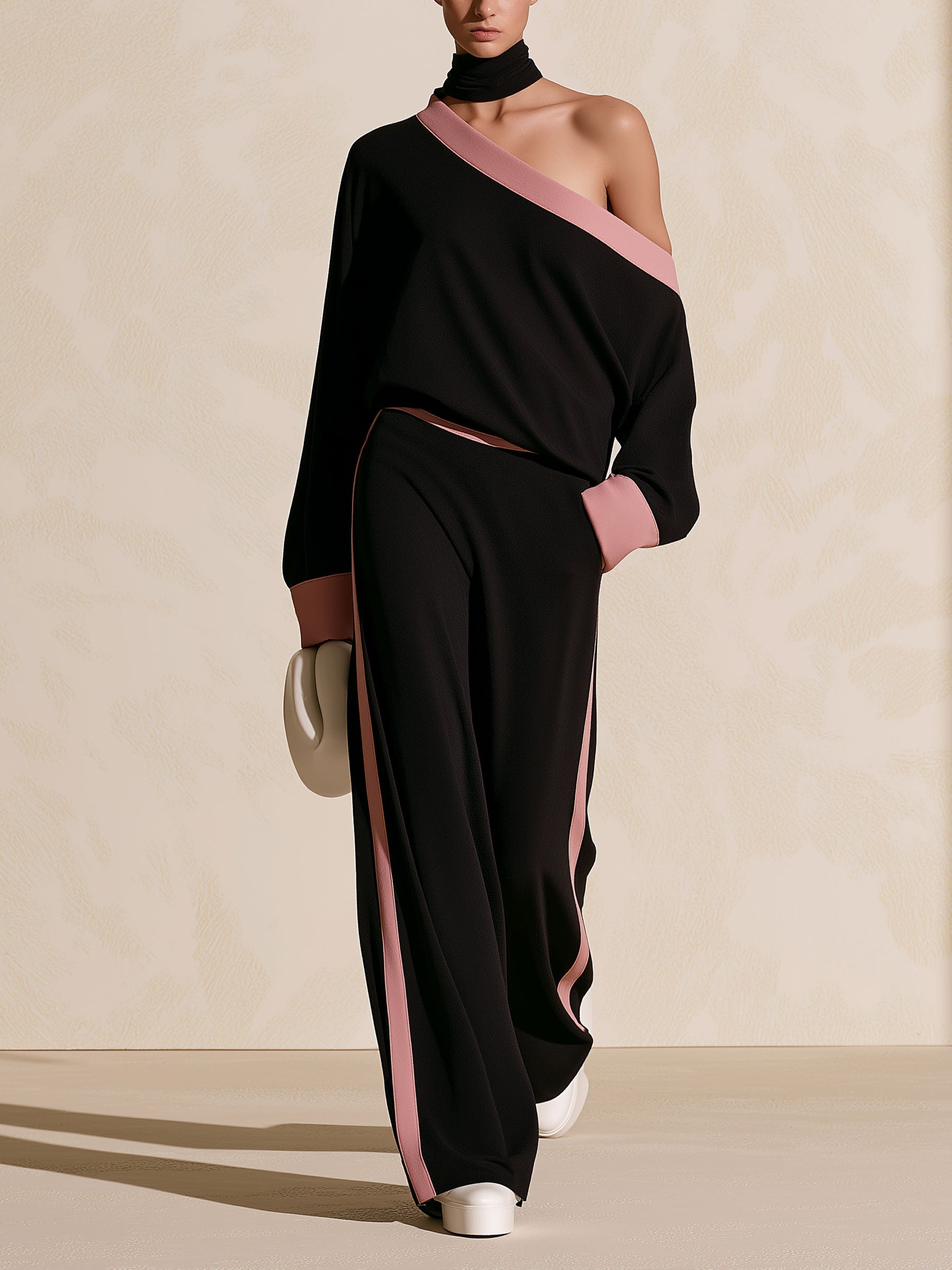 Black Pink Color Block Off Shoulder Two Piece Outfit, Loose Long Sleeve Top & Wide Leg Pants Set