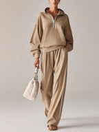 Women’s Luxury Beige Hooded Two Piece Set – Oversized Pullover Top & Wide Leg Pants Casual Chic Lounge Outfit