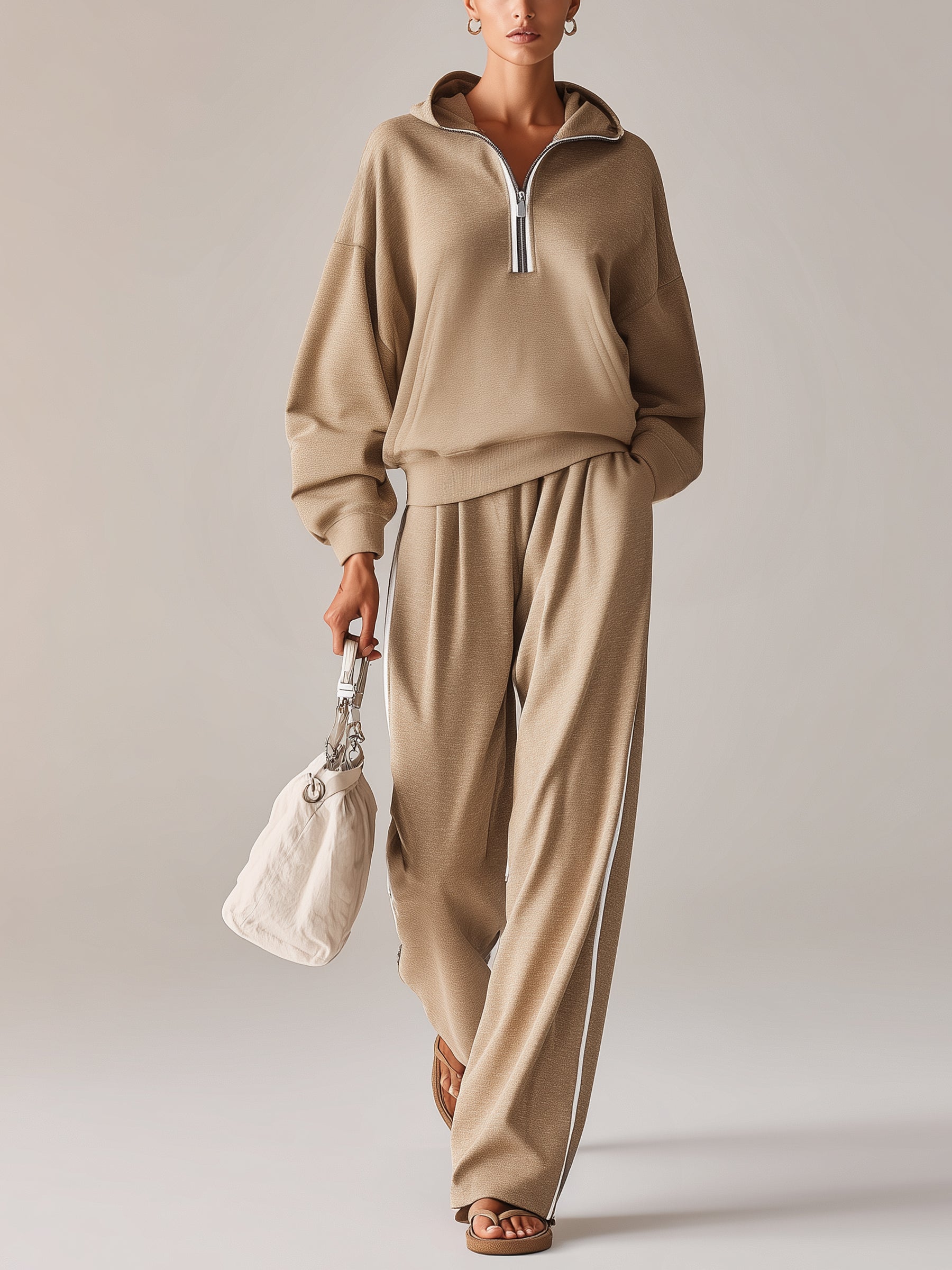 Women’s Luxury Beige Hooded Two Piece Set – Oversized Pullover Top & Wide Leg Pants Casual Chic Lounge Outfit