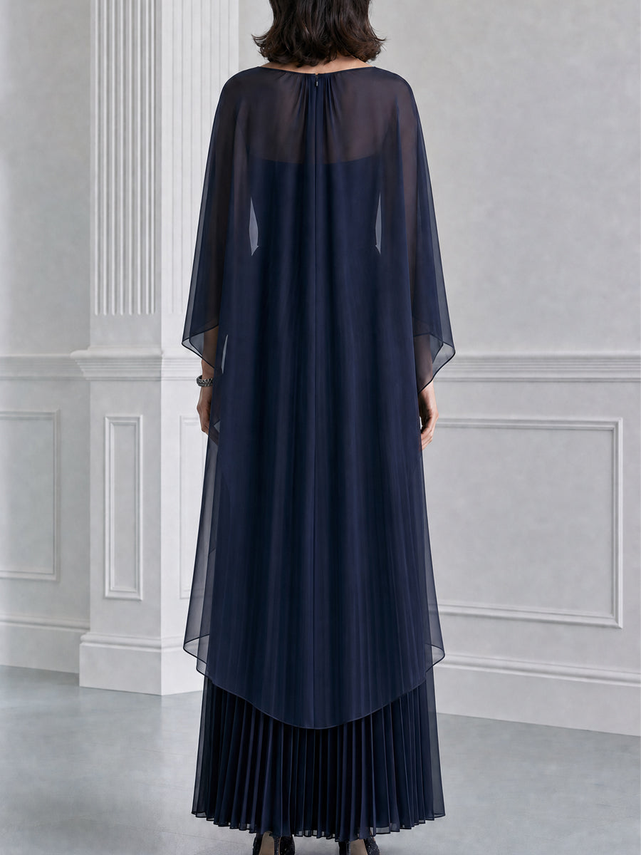 Navy Chiffon Cape Overlay Pleated Maxi Dress