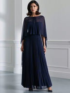 Navy Chiffon Cape Overlay Pleated Maxi Dress