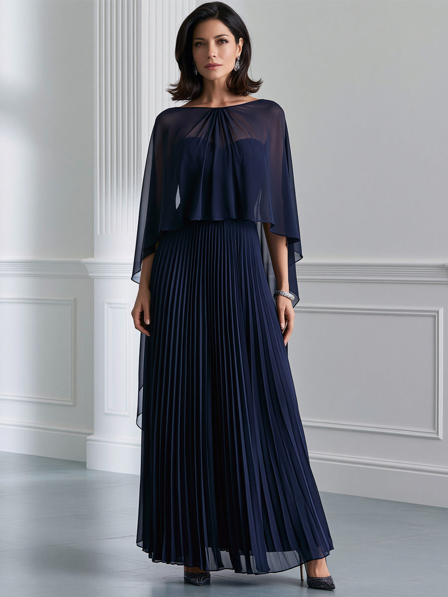 Navy Chiffon Cape Overlay Pleated Maxi Dress