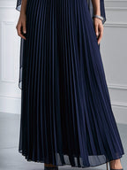 Navy Chiffon Cape Overlay Pleated Maxi Dress