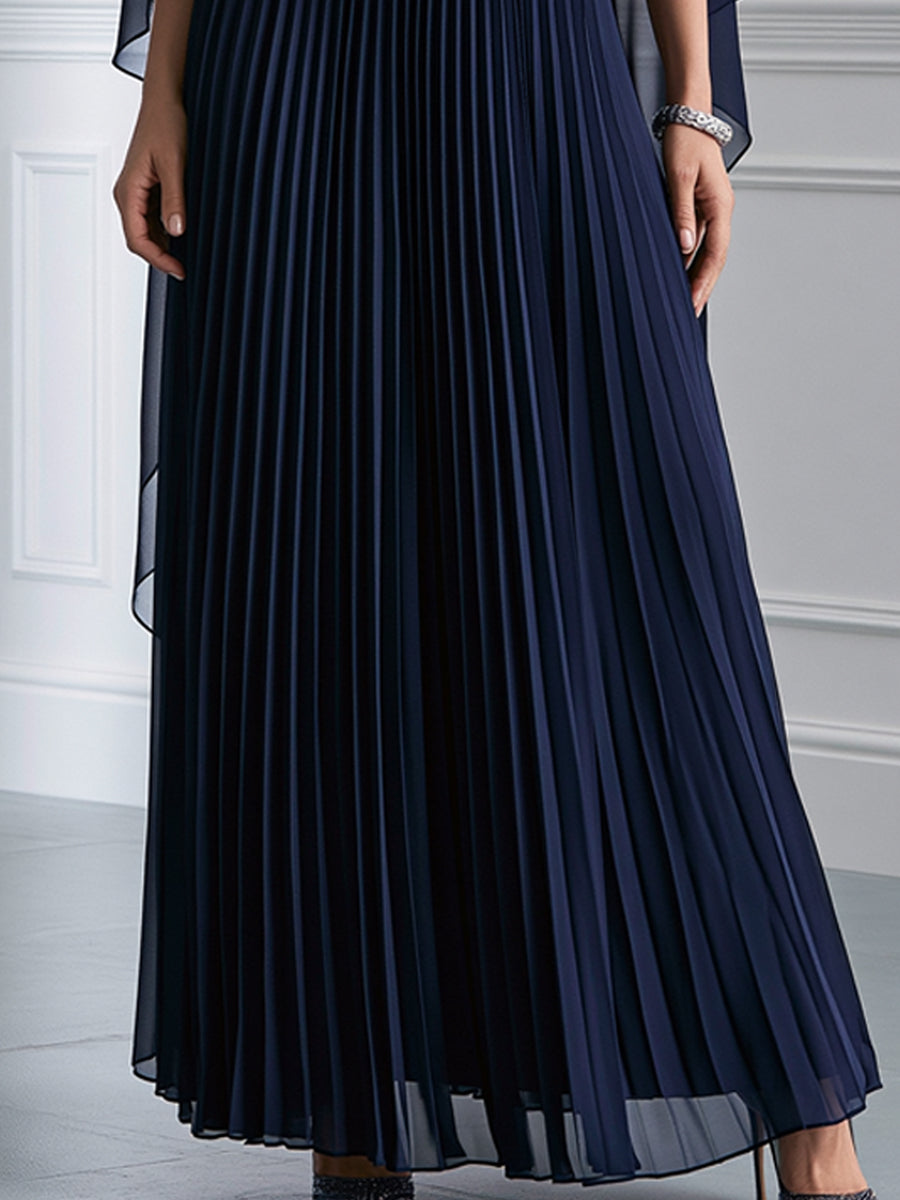 Navy Chiffon Cape Overlay Pleated Maxi Dress