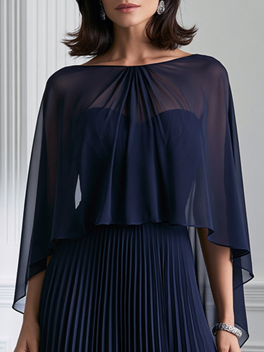 Navy Chiffon Cape Overlay Pleated Maxi Dress