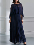 Navy Chiffon Cape Overlay Pleated Maxi Dress
