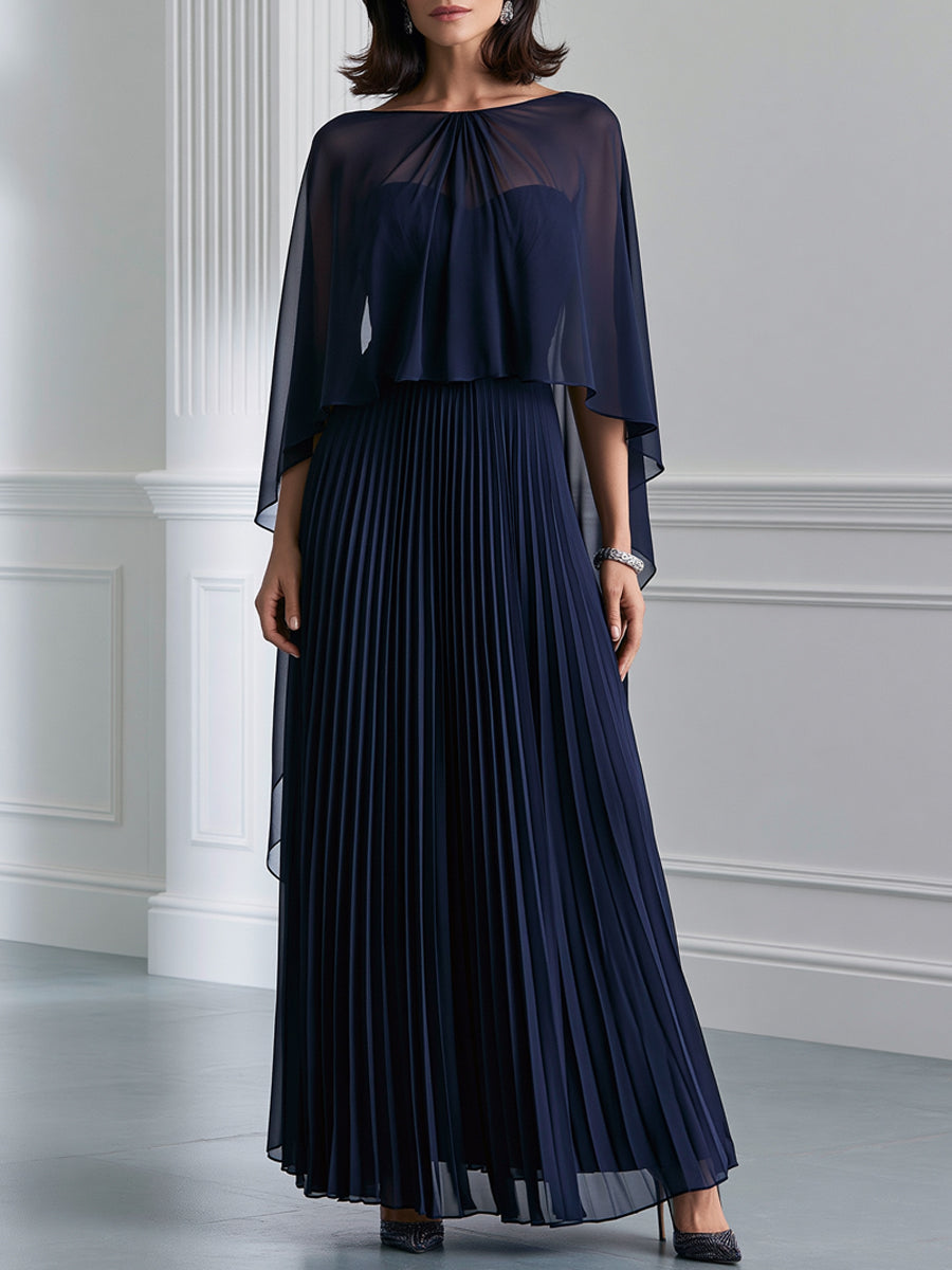 Navy Chiffon Cape Overlay Pleated Maxi Dress