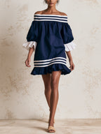 Women’s Navy Blue Off Shoulder Mini Dress – Striped Ruffle Sleeve Casual Summer Dress
