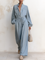 Light Blue Stand Collar Drawstring Waist Linen Blend Wide Leg Jumpsuit