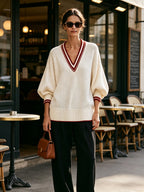 Women’s Contrast Trim V-Neck Knit Sweater – Oversized Casual Pullover Top With Ribbed Cuffs