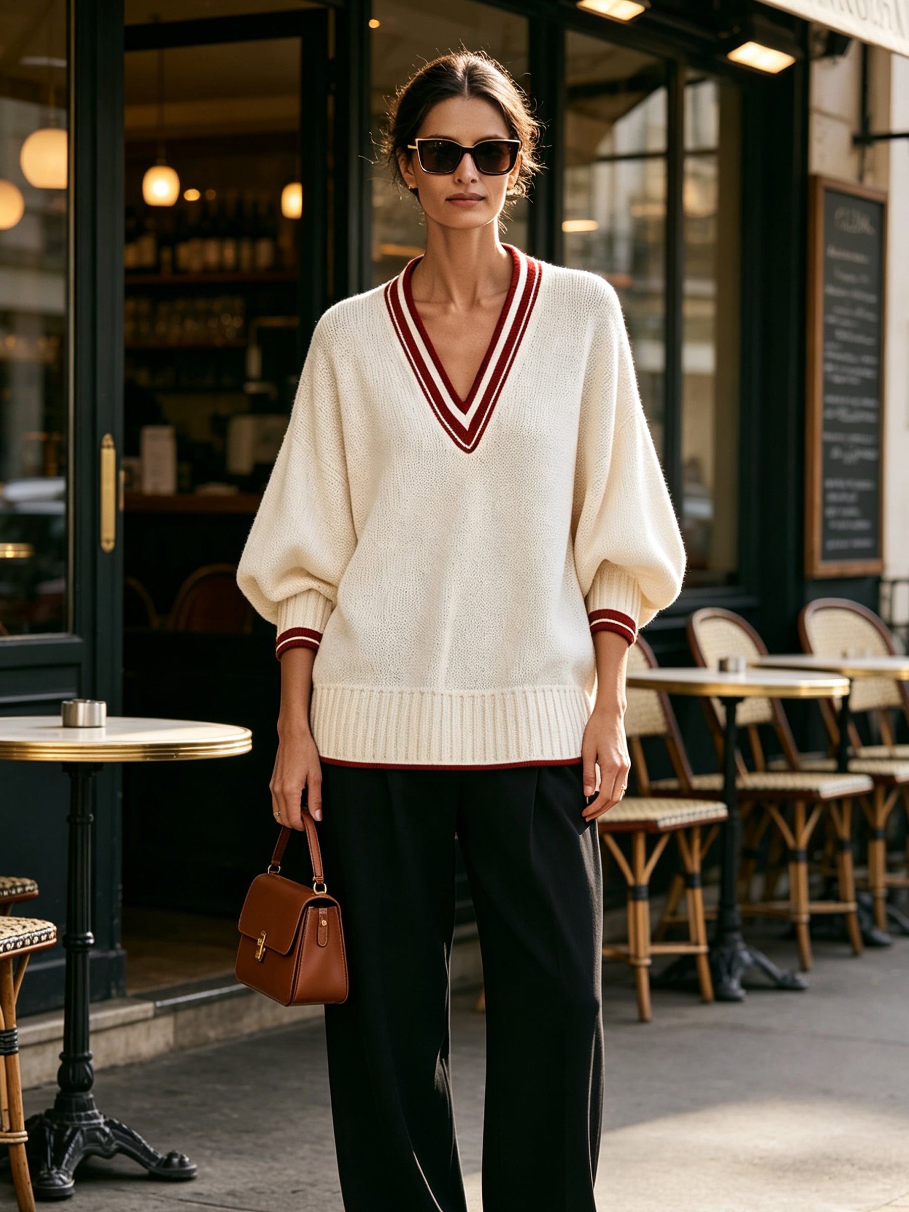 Women’s Contrast Trim V-Neck Knit Sweater – Oversized Casual Pullover Top With Ribbed Cuffs