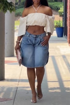 Women's Casual Side Curved Hem Short Jeans