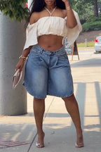 Women's Casual Side Curved Hem Short Jeans