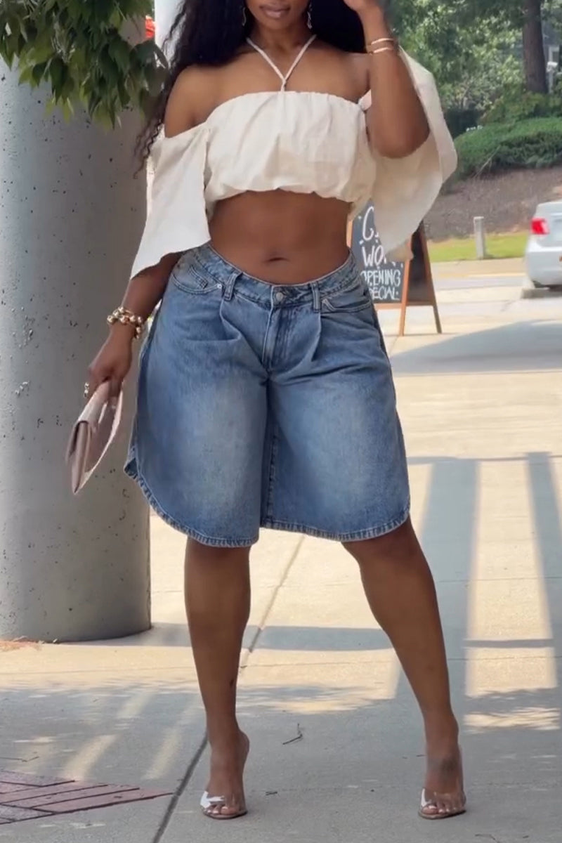 Women's Casual Side Curved Hem Short Jeans
