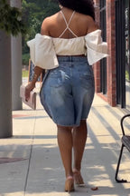 Women's Casual Side Curved Hem Short Jeans
