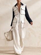 White & Navy Color Block Piping Trim Zip Front Cargo Wide Leg Jumpsuit