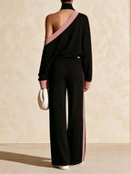 Black Pink Color Block Off Shoulder Two Piece Outfit, Loose Long Sleeve Top & Wide Leg Pants Set