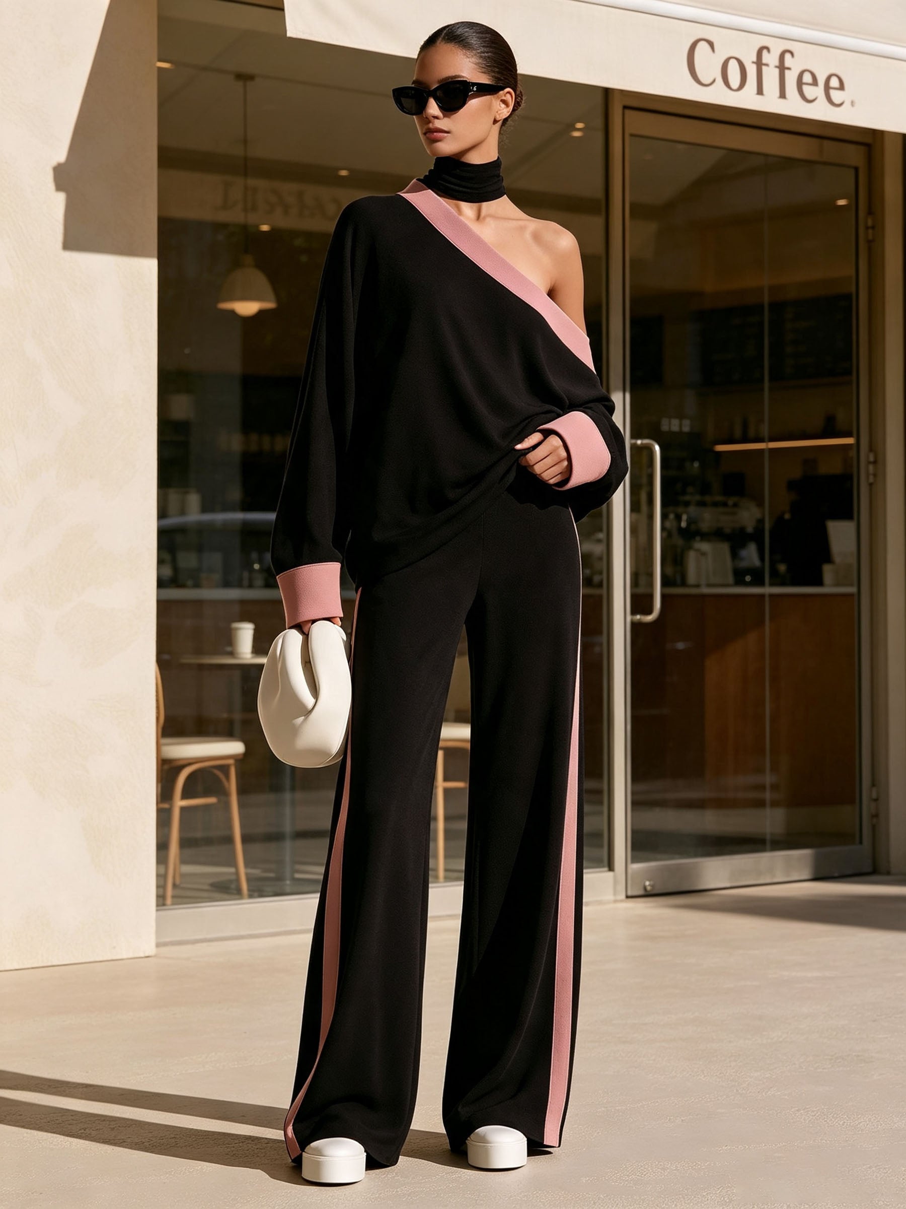 Black Pink Color Block Off Shoulder Two Piece Outfit, Loose Long Sleeve Top & Wide Leg Pants Set