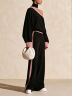 Black Pink Color Block Off Shoulder Two Piece Outfit, Loose Long Sleeve Top & Wide Leg Pants Set