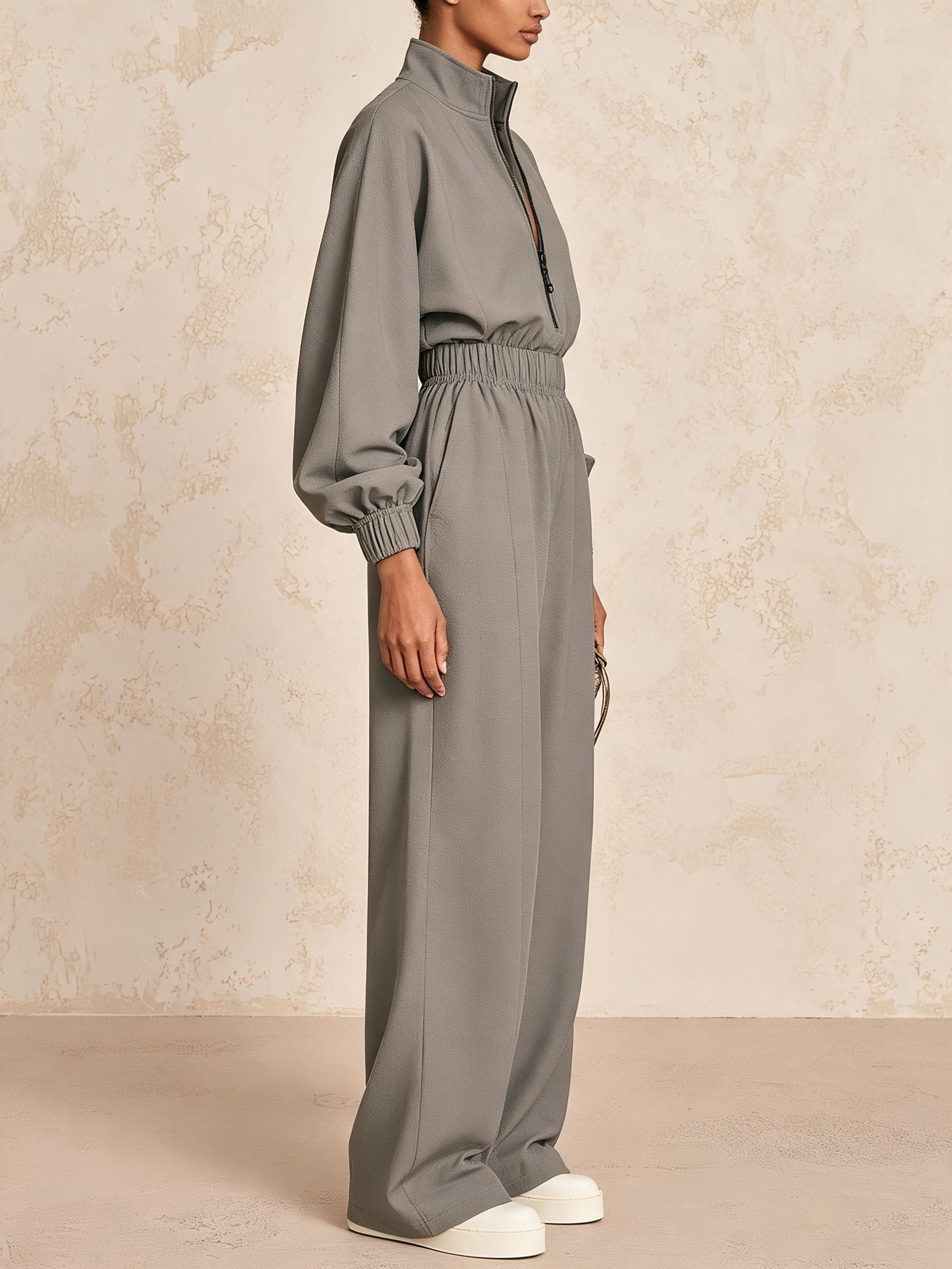 Gray Half Zip Elastic Waist Jumpsuit, Oversized Casual Stand Collar Jogger Overall