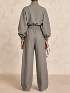 Gray Half Zip Elastic Waist Jumpsuit, Oversized Casual Stand Collar Jogger Overall