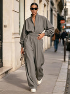 Gray Half Zip Elastic Waist Jumpsuit, Oversized Casual Stand Collar Jogger Overall