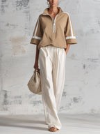 Women’s Oversized Half-Zip Pullover Top & Wide Leg Pants Set – Minimalist Casual Two Piece Lounge Outfit