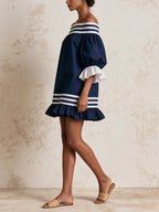 Women’s Navy Blue Off Shoulder Mini Dress – Striped Ruffle Sleeve Casual Summer Dress