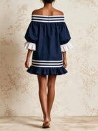 Women’s Navy Blue Off Shoulder Mini Dress – Striped Ruffle Sleeve Casual Summer Dress