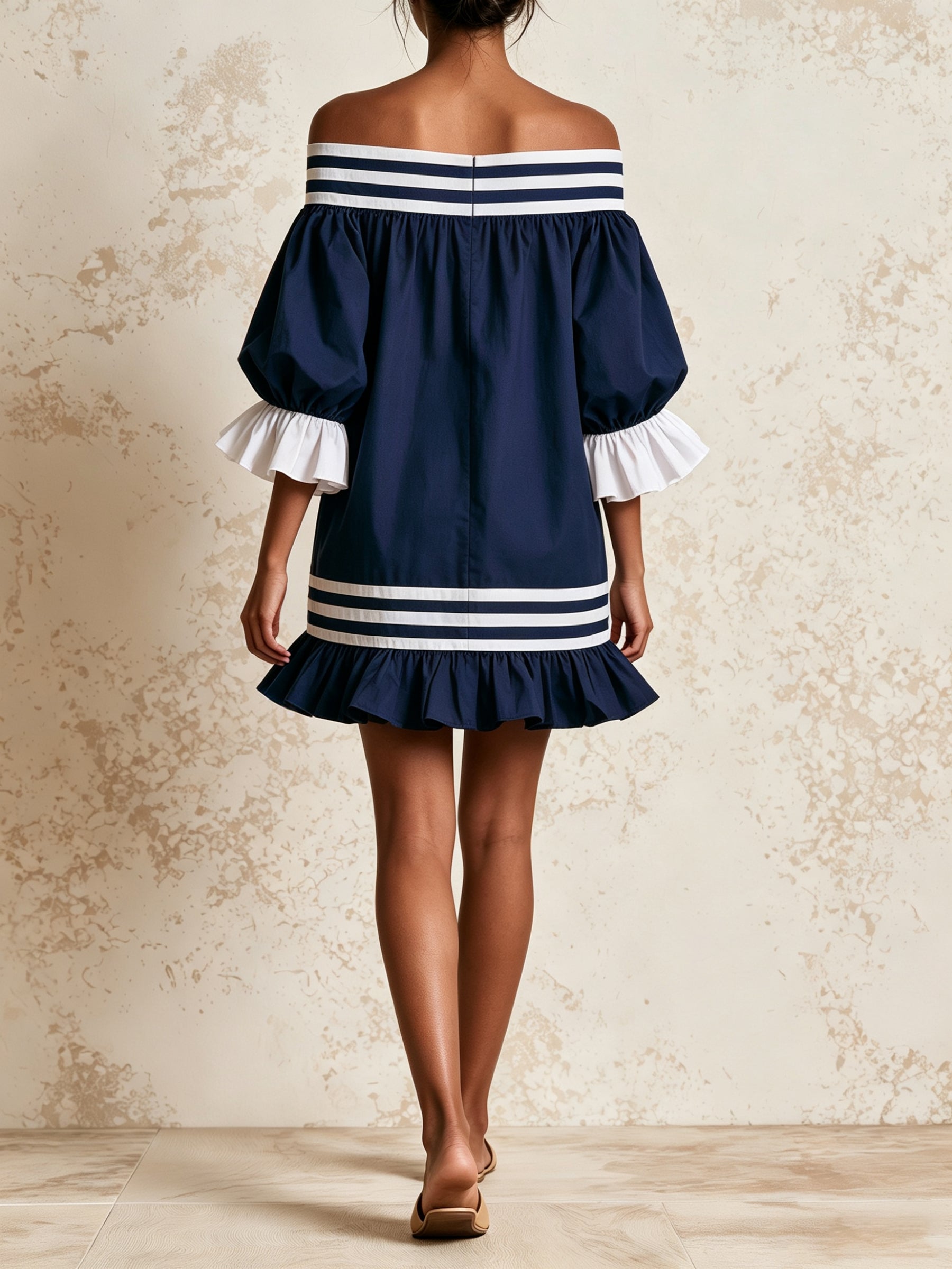 Women’s Navy Blue Off Shoulder Mini Dress – Striped Ruffle Sleeve Casual Summer Dress