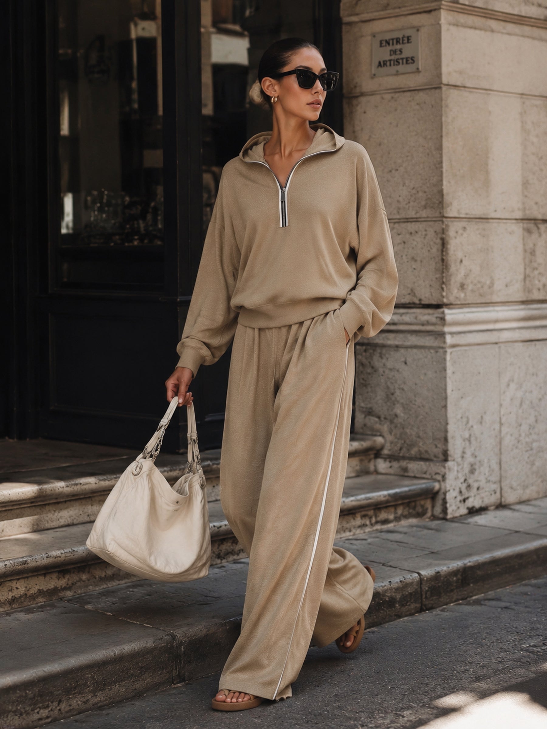 Women’s Luxury Beige Hooded Two Piece Set – Oversized Pullover Top & Wide Leg Pants Casual Chic Lounge Outfit